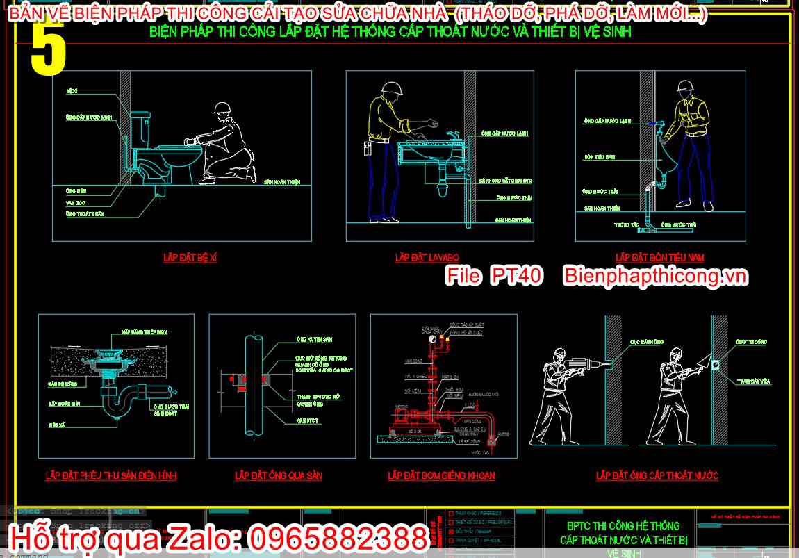 Bản vẽ cad biện pháp thi công lắp đặt hệ thống cấp thoát nước và TBVS.