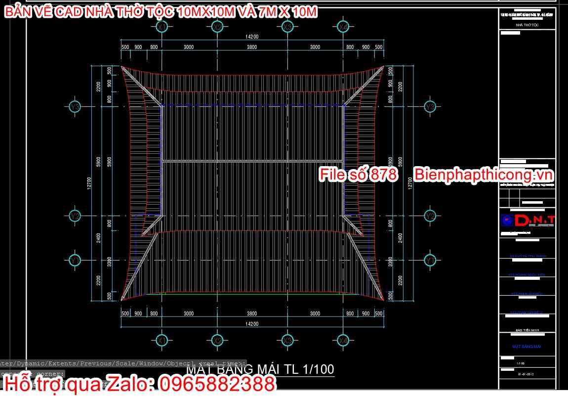 Mặt bằng mái nhà thờ tộc 10m x 10m.