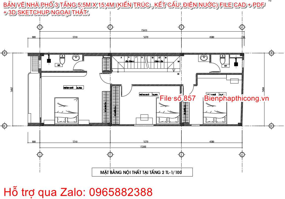 Mặt bằng tầng 2 nhà phố 3 tầng rộng 5,5m.