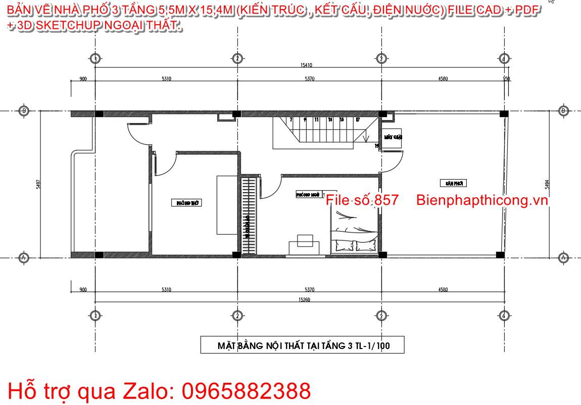 Mặt bằng tầng 3 nhà phố 3 tầng cad ngang 5,5m.