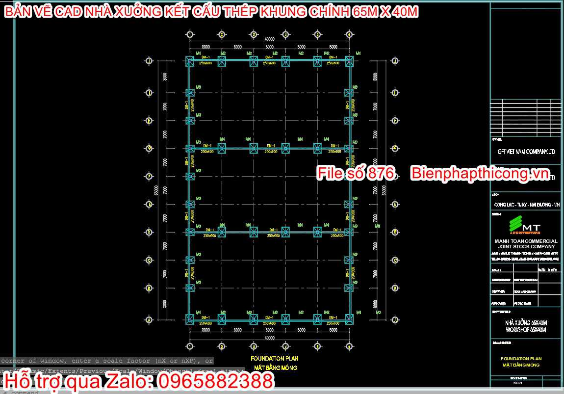 Mặt bằng móng nhà xưởng rộng 65m x 40m.