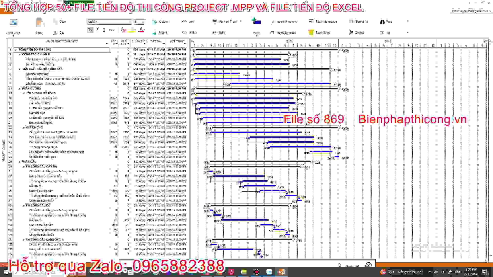 Bảng tiến độ thi công bằng excel và project .mpp hay.