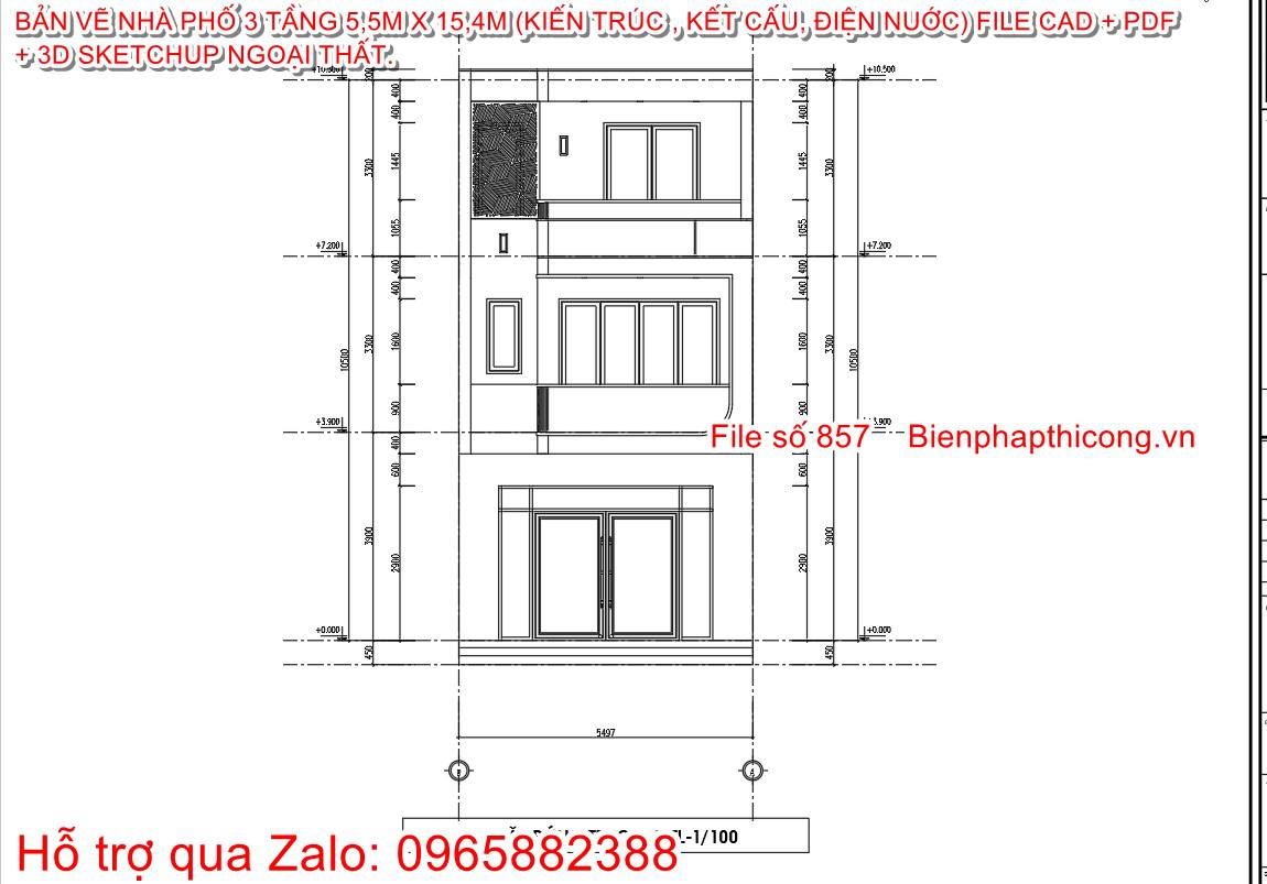Mặt đứng công trình nhà phố 3 tầng cad 5,5m.