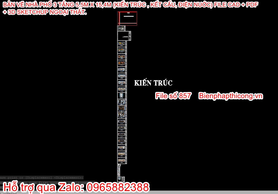 File kiến trúc nhà ống 3 tầng cad rộng 5,5m x 15,4m.