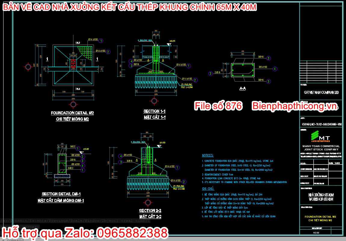 Thiết kế chi tiết móng đơn nhà xưởng 65m x 40m.