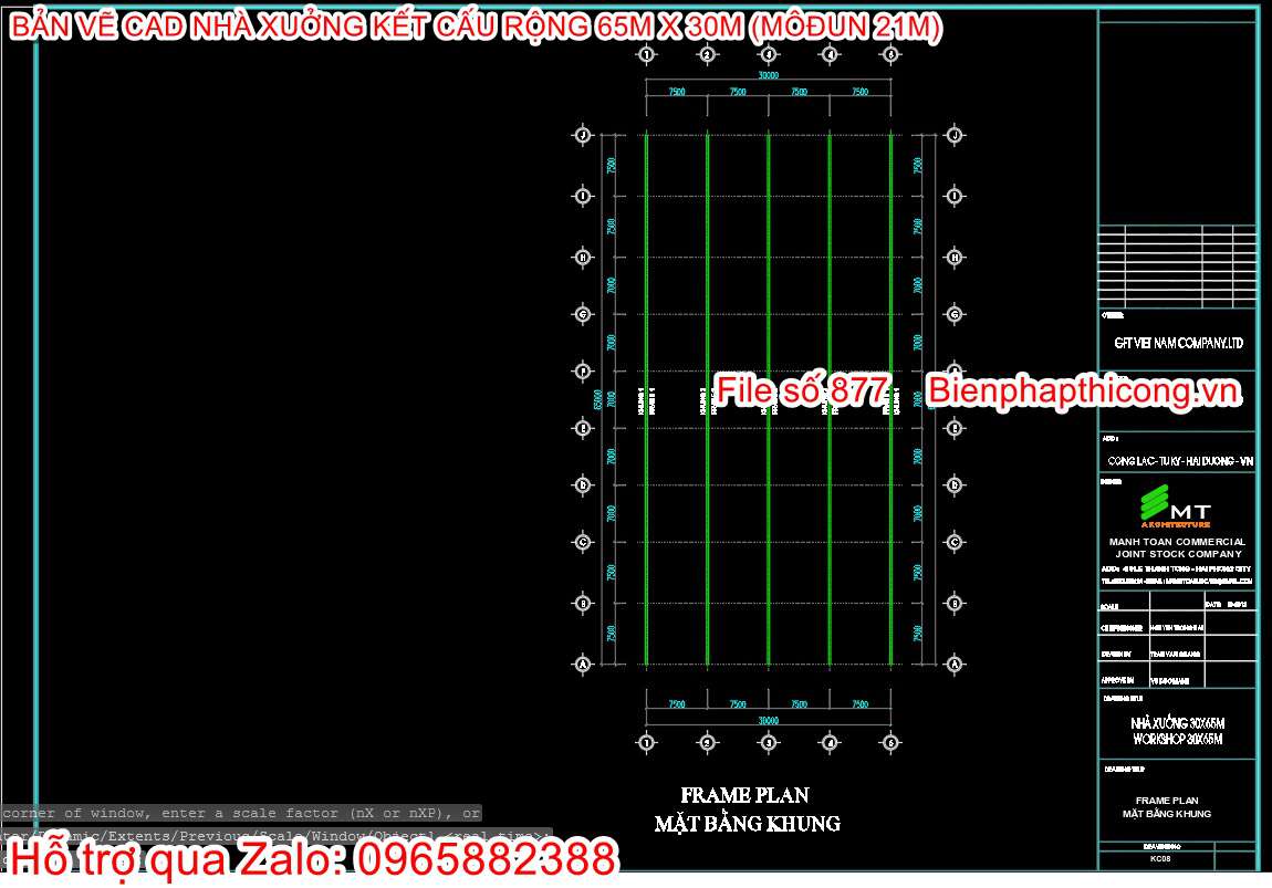 Mặt bằng khung nhà xưởng cad 1 tầng.