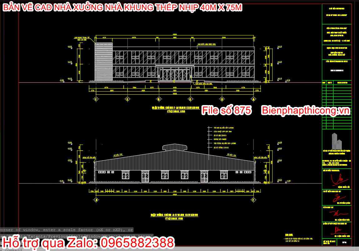 Mặt đứng nhà xưởng kết cấu thép nhịp 40m.
