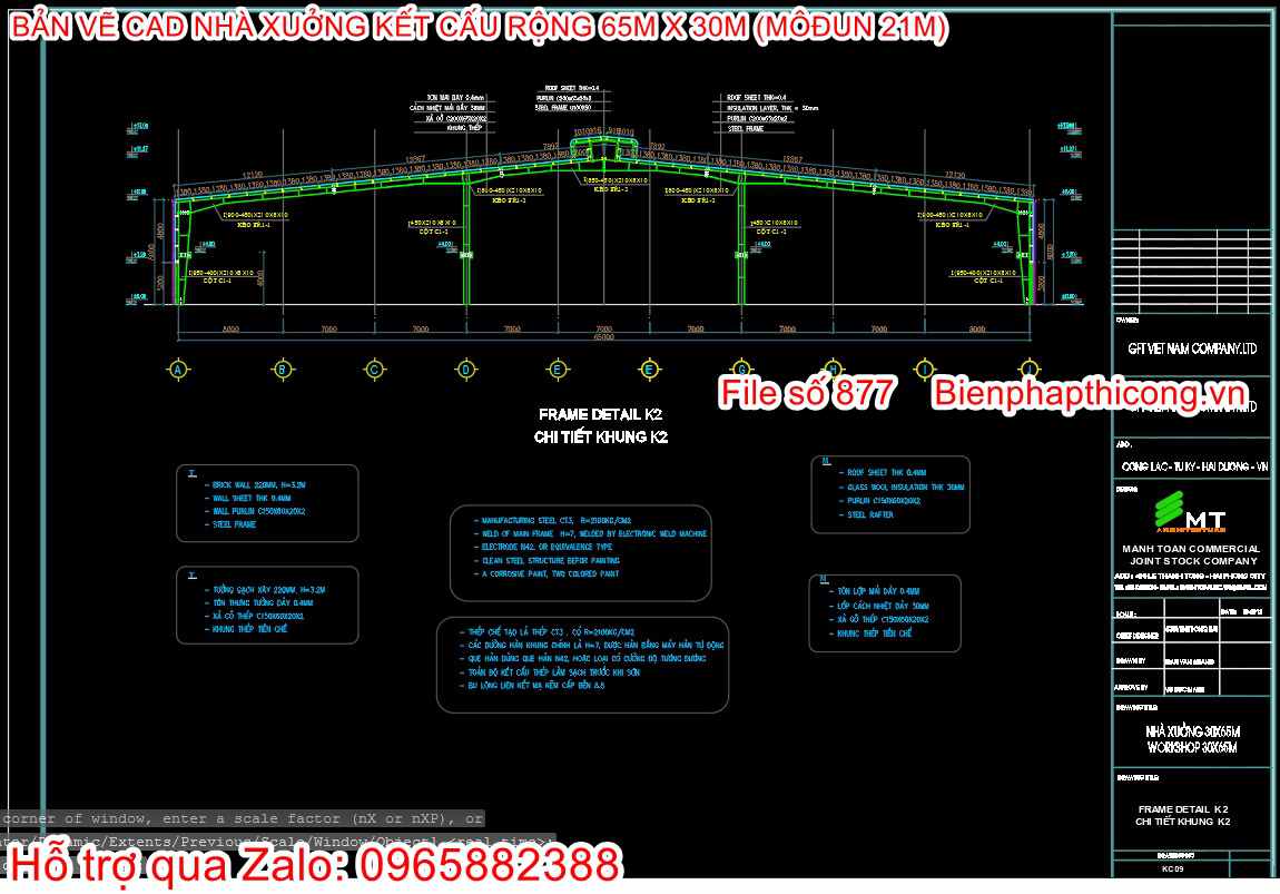 Bản vẽ cad chi tiết khung nhà xưởng 65m x 30m môđun 21m.