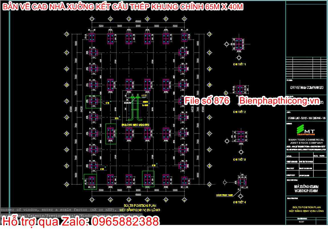 Mặt bằng định vị bulong nhà xưởng ngang 65m x 40m.