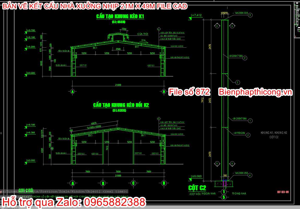 Bản vẽ thiết kế khung kèo nhà xưởng nhịp 21m.
