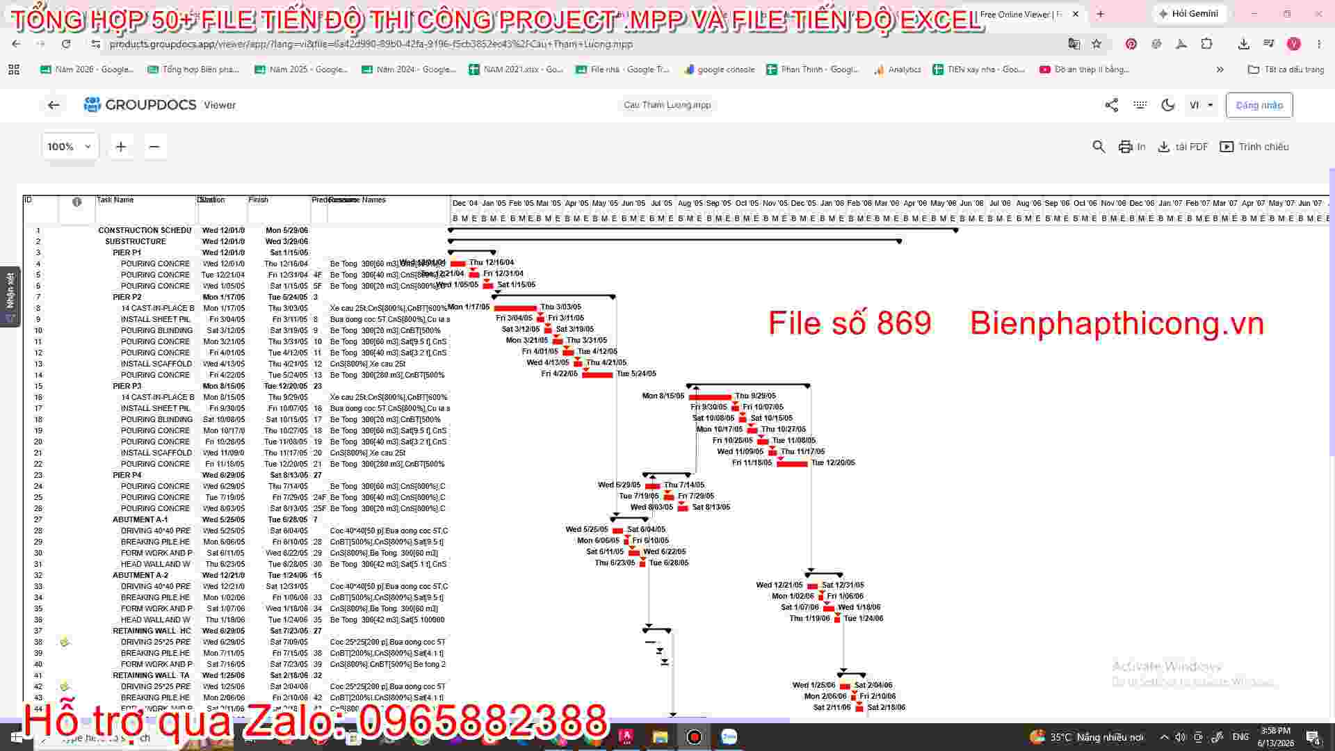 File tiến độ thi công project .mpp hay.
