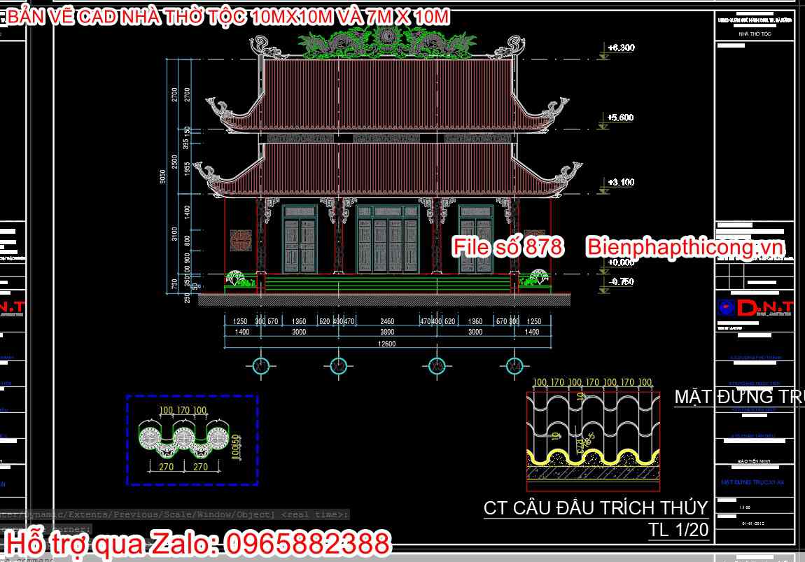 Mặt đứng nhà thờ họ tộc 10m x 10m.