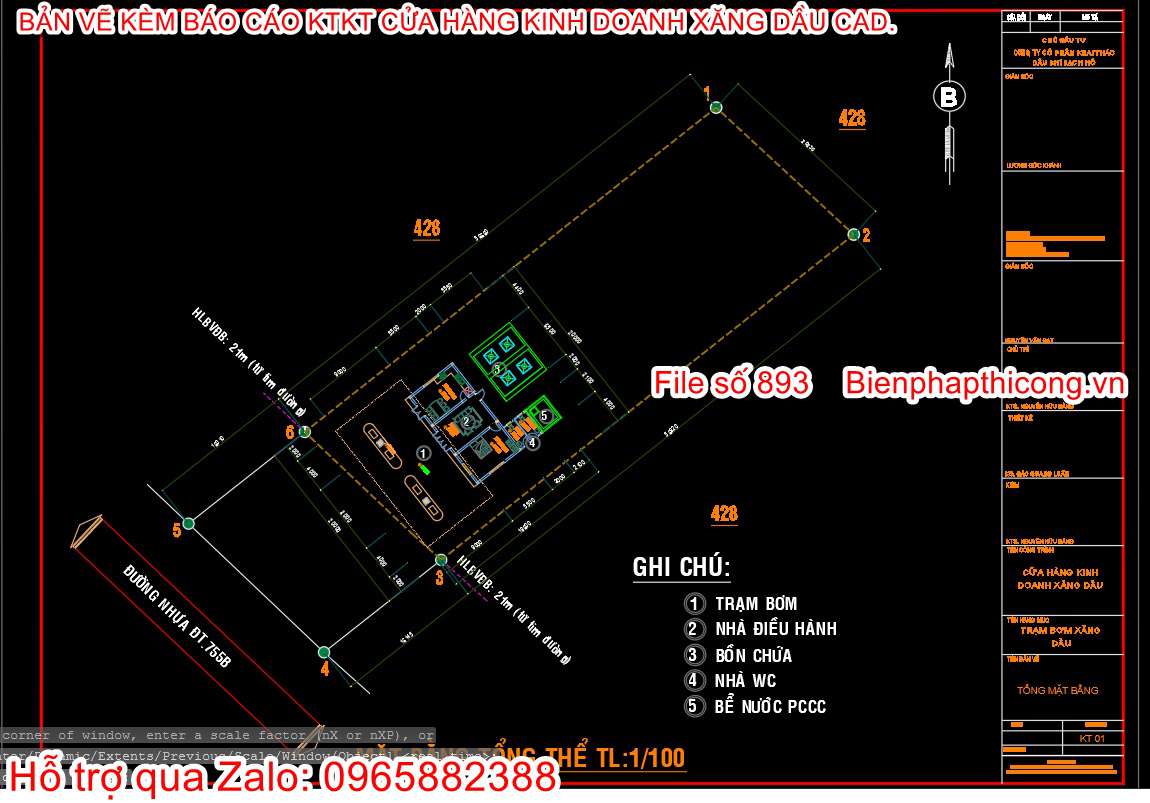 Mặt bằng tổng thể cửa hàng kinh doanh xăng dầu cad.