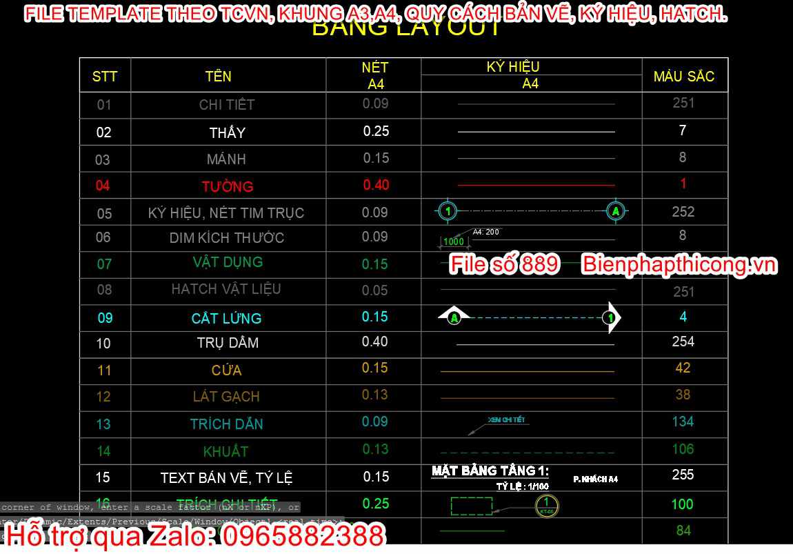 Bảng layout cad bản vẽ.
