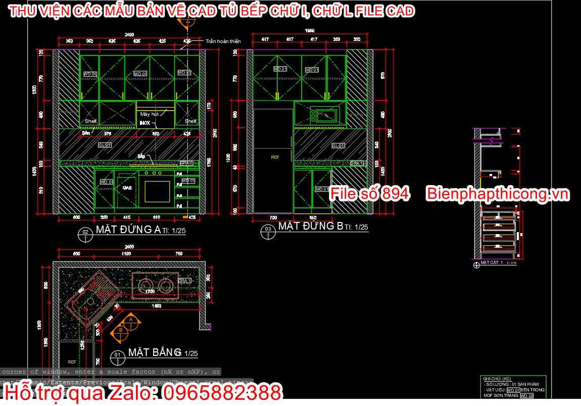 File mẫu bản vẽ cad tủ bếp chữ L.