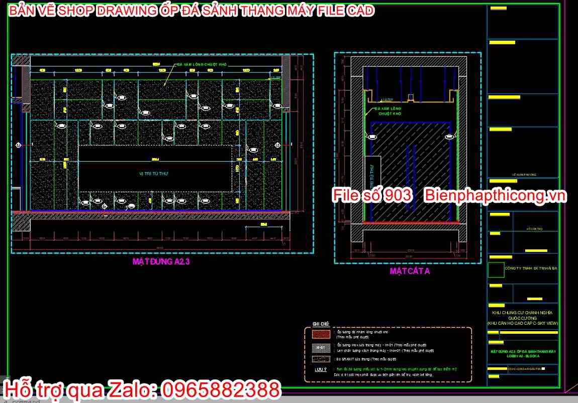 Mặt đứng ốp đá sảnh thang máy shop drawing.