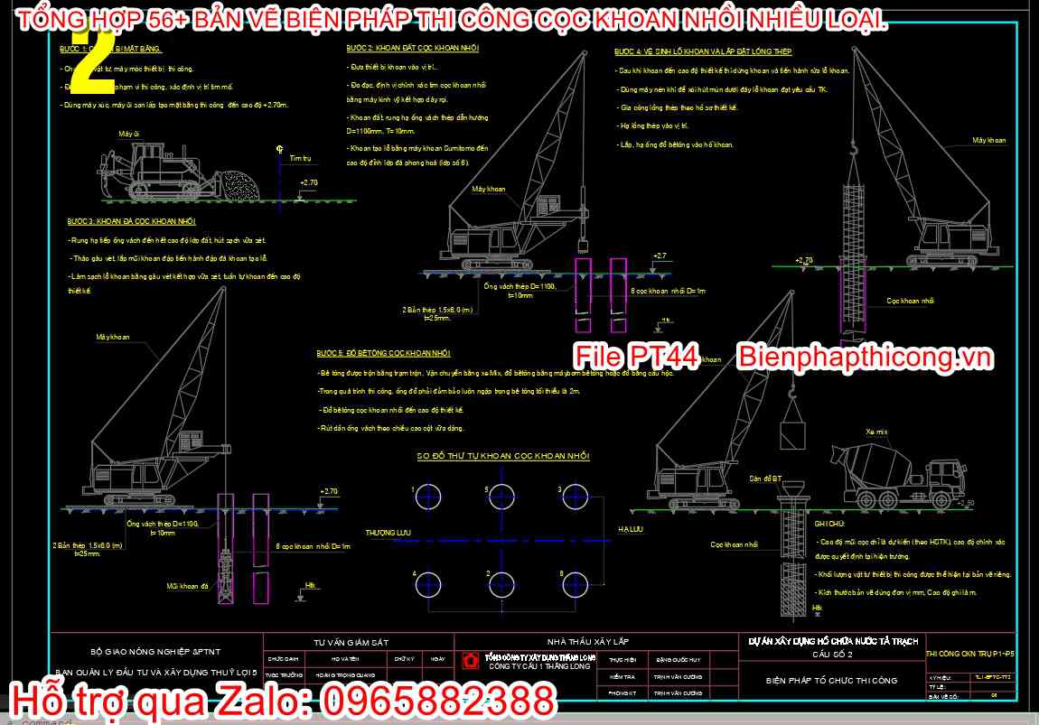 File cad bản vẽ biện pháp thi công cọc khoan nhồi trụ cầu.