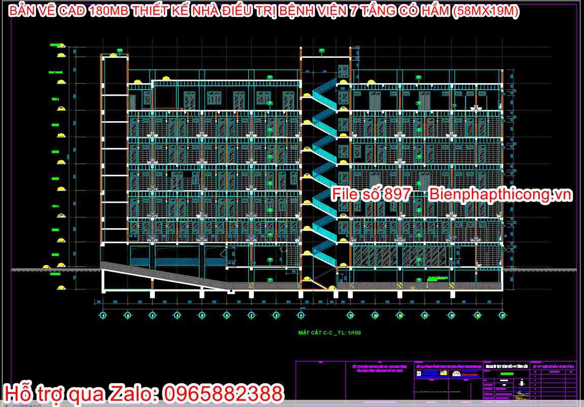 Download bản vẽ cad bệnh viện 7 tầng có hầm.