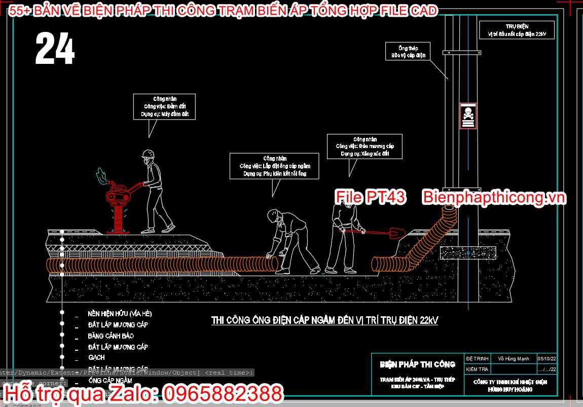 Thi công ống điện cáp ngầm đến vị trí trụ điện.