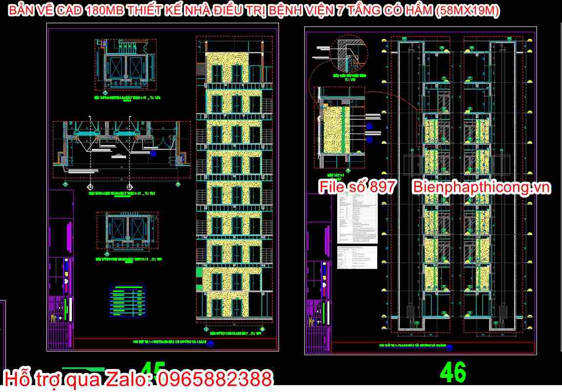Bản vẽ mặt cắt mặt đứng bệnh viện.