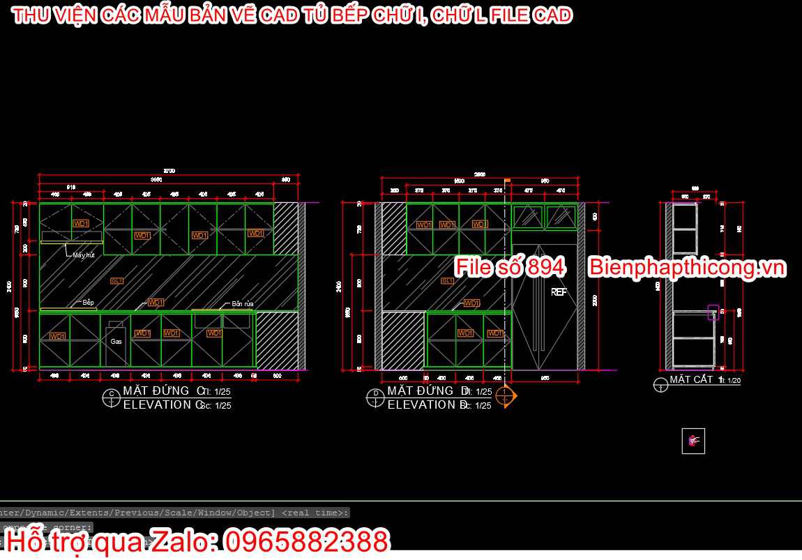 Bản vẽ mặt đứng mặt cắt mặt bằng tủ bếp.