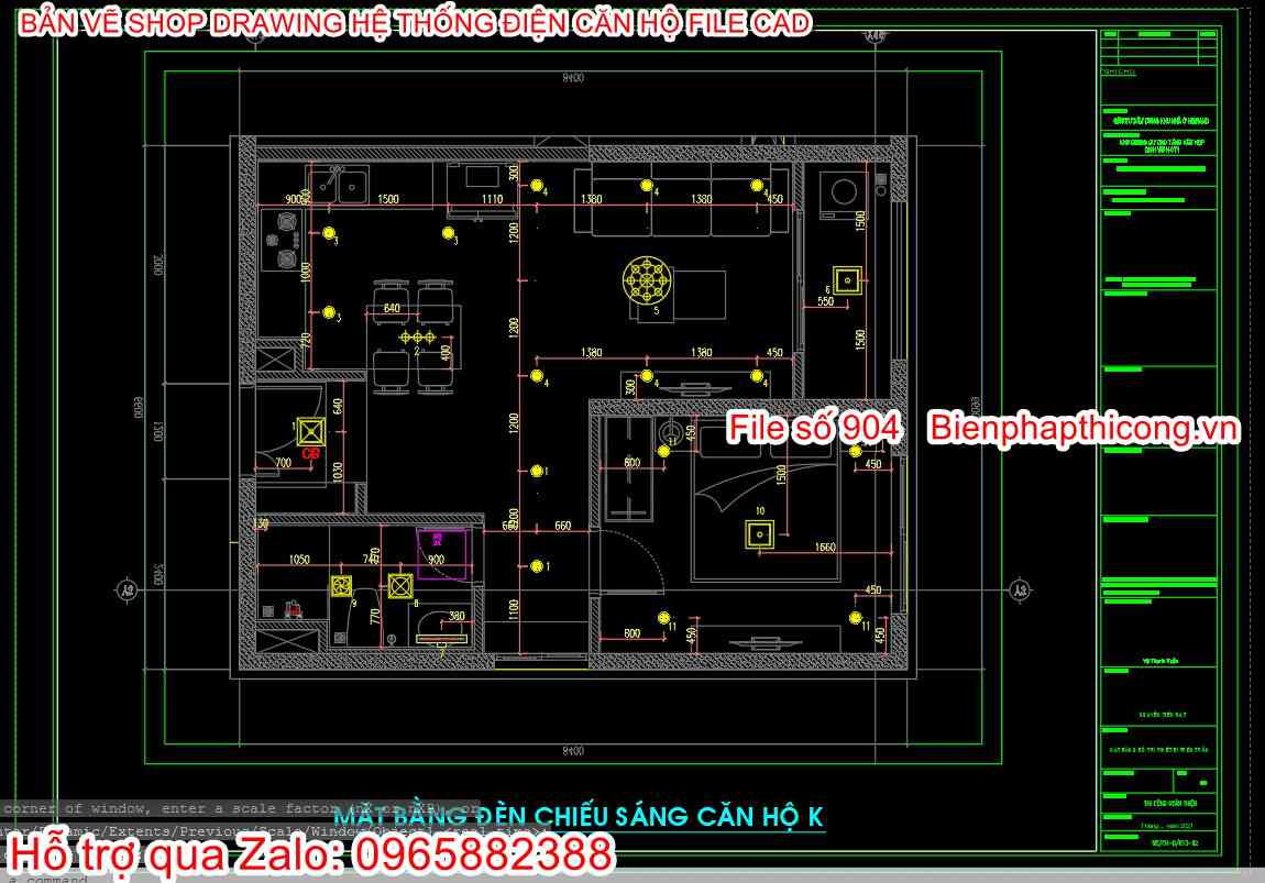 Mặt bằng đèn chiếu sáng căn hộ shop drawing.
