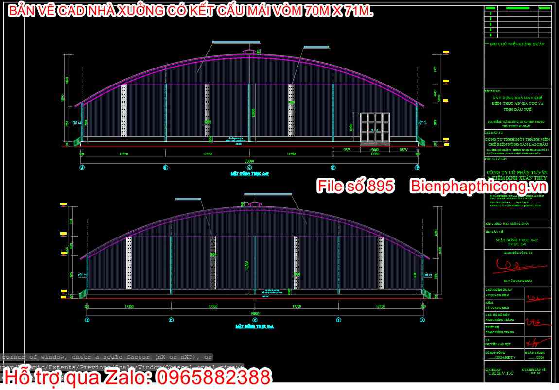 Bản vẽ mặt đứng nhà xưởng có kết cấu mái vòm.