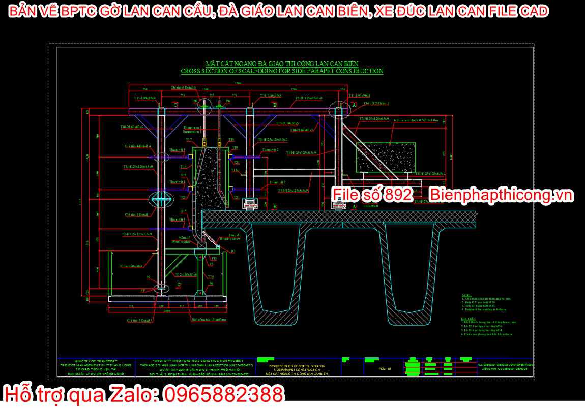 Mặt cắt ngang đà giáo thi công lan can biên.
