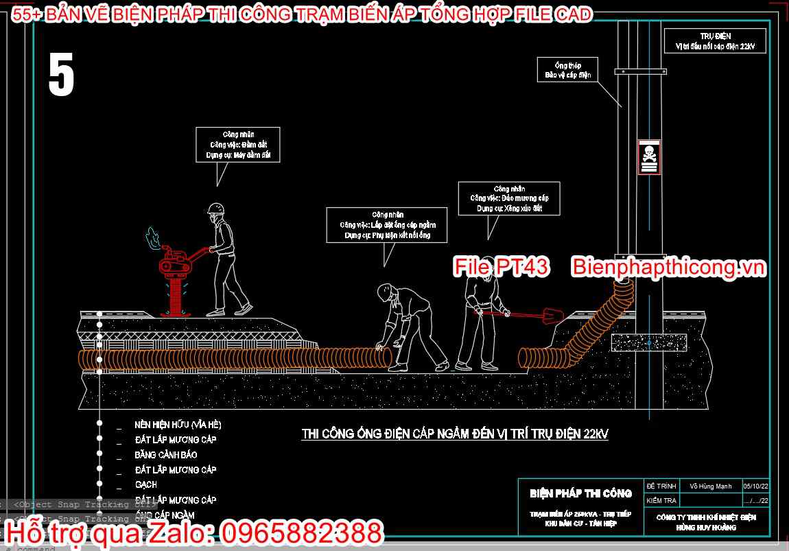 Thi công ống điện cáp ngầm đến vị trí trụ điện.