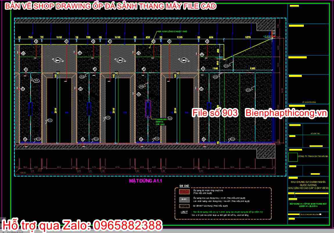 Mặt đứng ốp đá sảnh thang máy shop drawing.