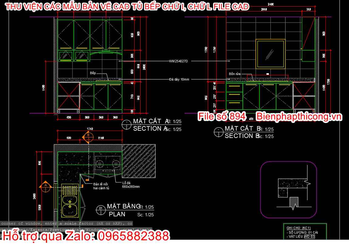 Bản vẽ thiết kế tủ bếp chữ L file cad.