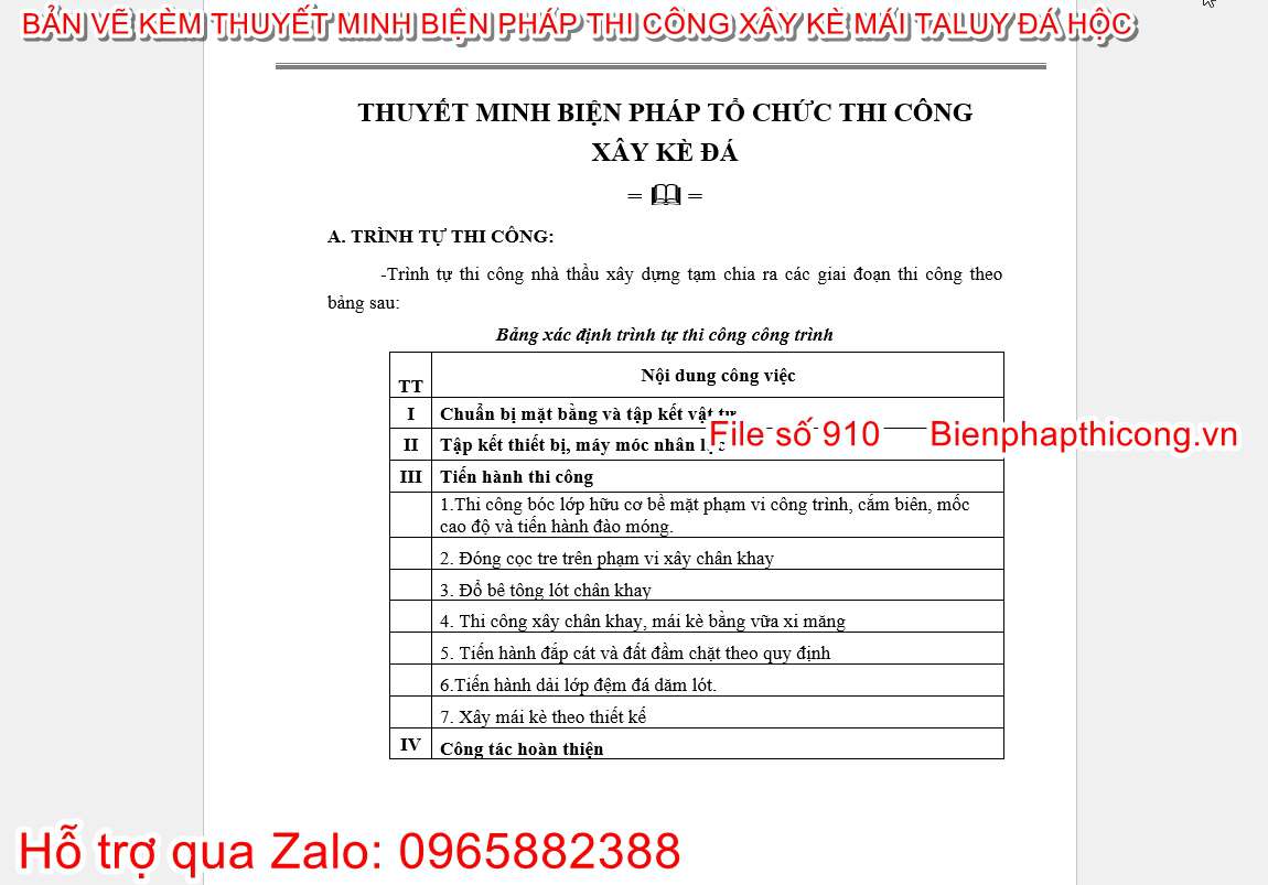 Thuyết minh biện pháp thi công xây kè đá.