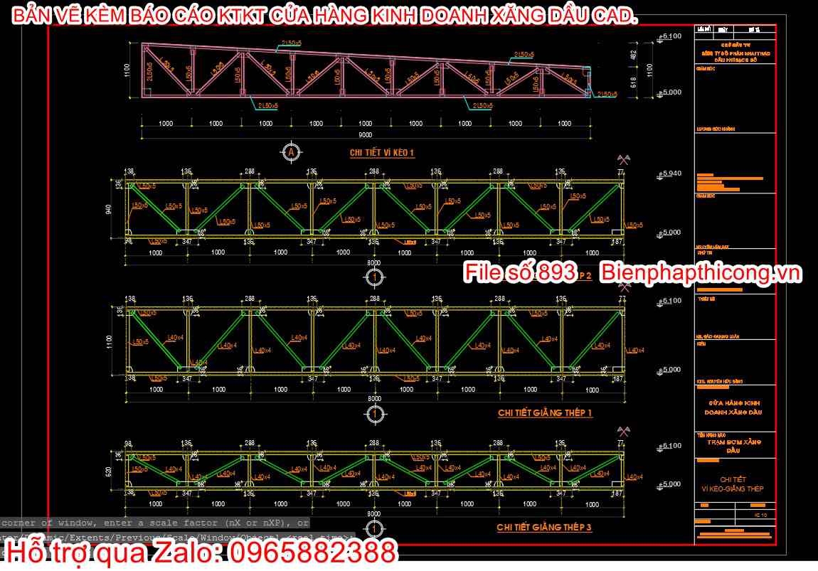 Bản vẽ chi tiết kèo mái cửa hàng kinh doanh xăng dầu.