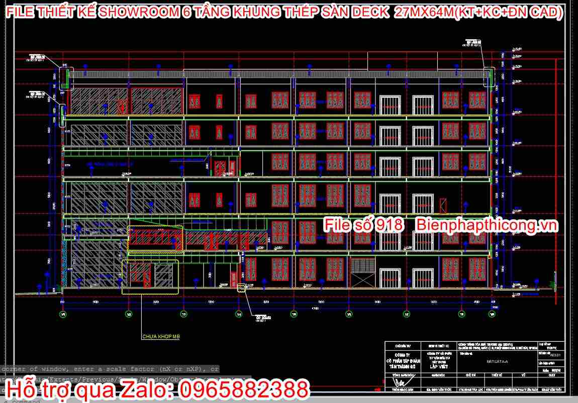 Bản vẽ mặt cắt showroom ô tô 6 tầng cad.