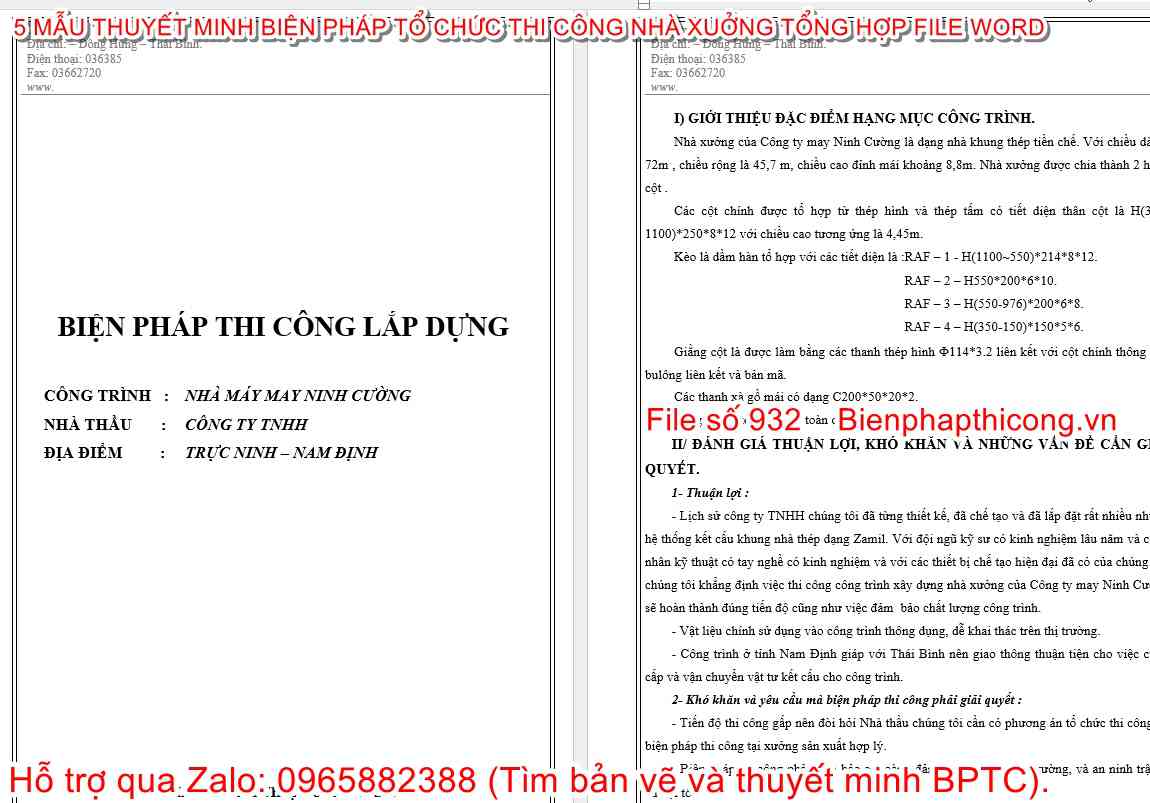 Thuyết minh biện pháp tổ chức thi công lắp dựng nhà xưởng.
