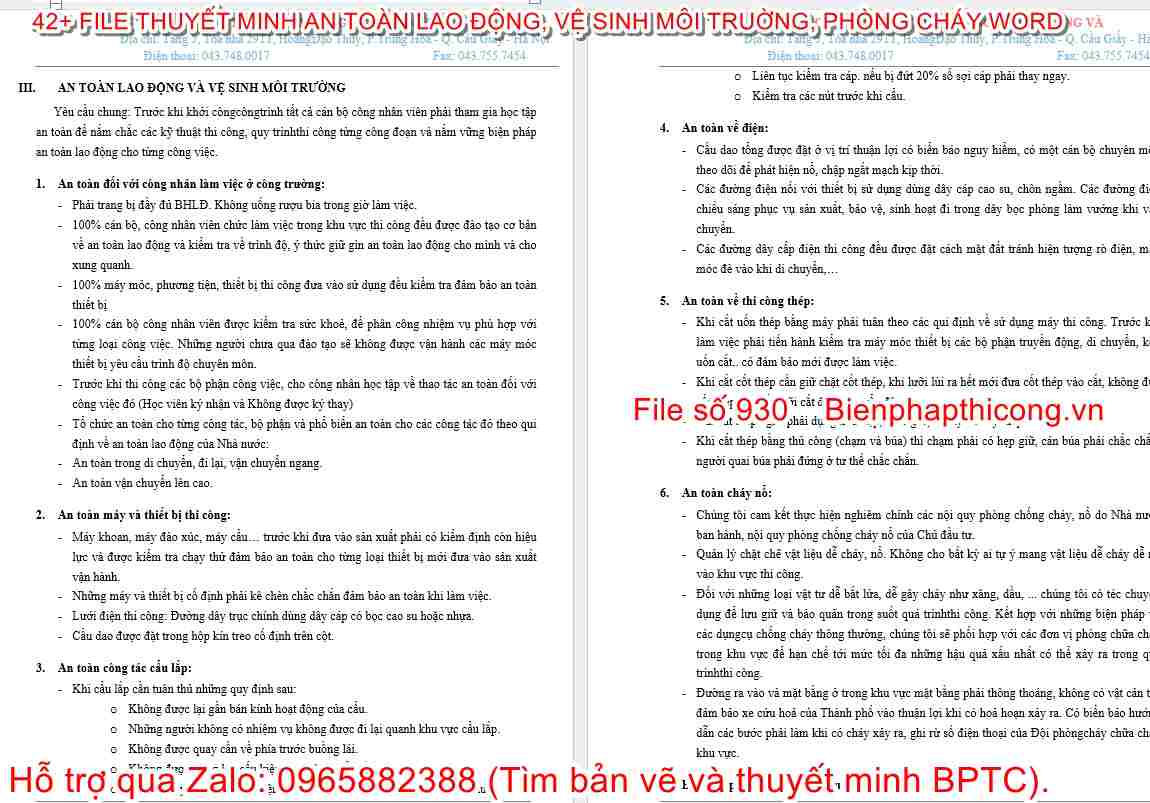 Thuyết minh an toàn lao động và vệ sinh môi trường.
