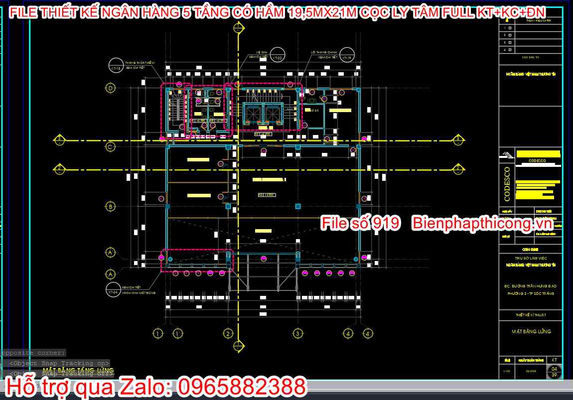 Mặt bằng tầng lửng ngân hàng 19m x 21m.