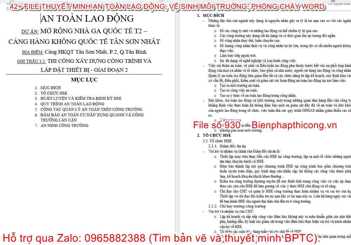Thuyết minh an toàn lao động, vệ sinh môi trường.