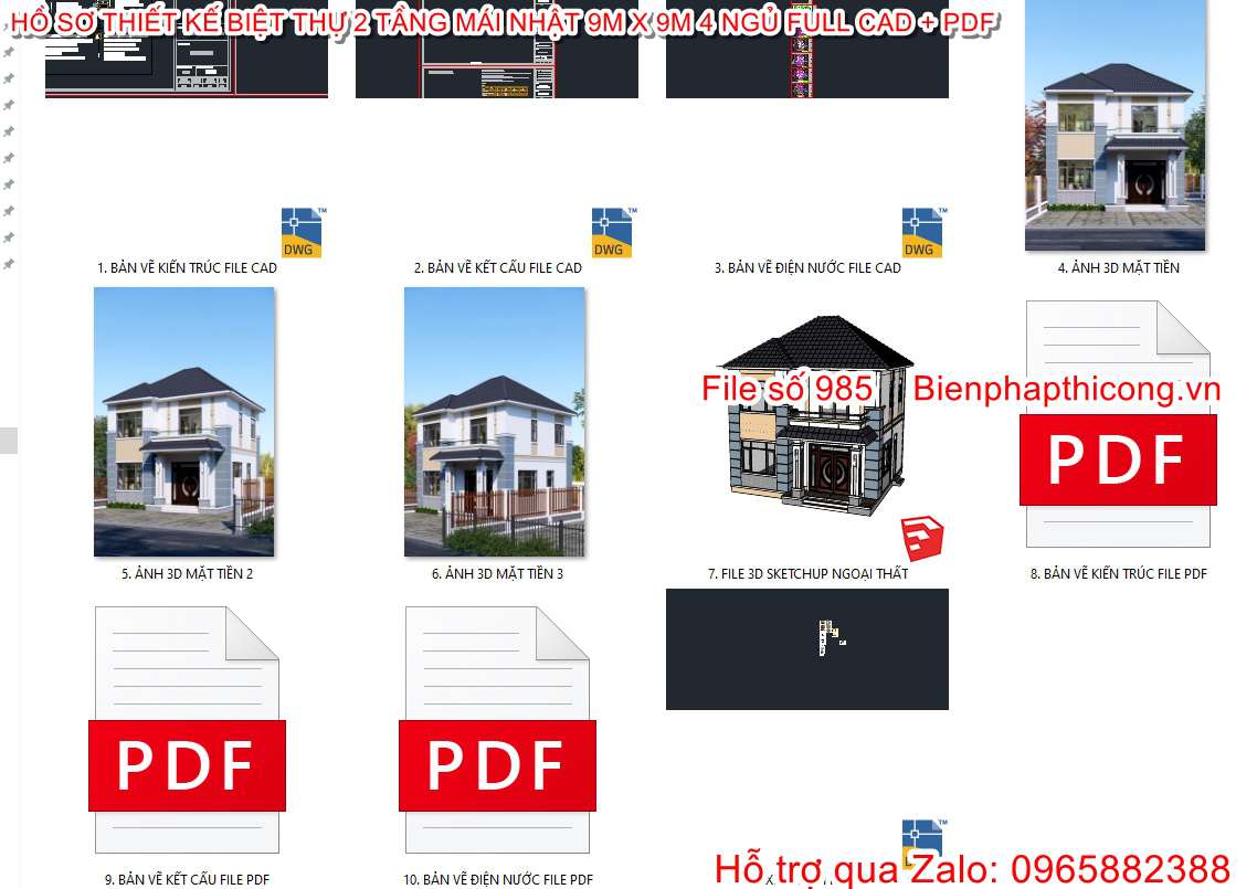 Full hồ sơ thiết kế biệt thự 2 tầng 4 ngủ cad pdf.