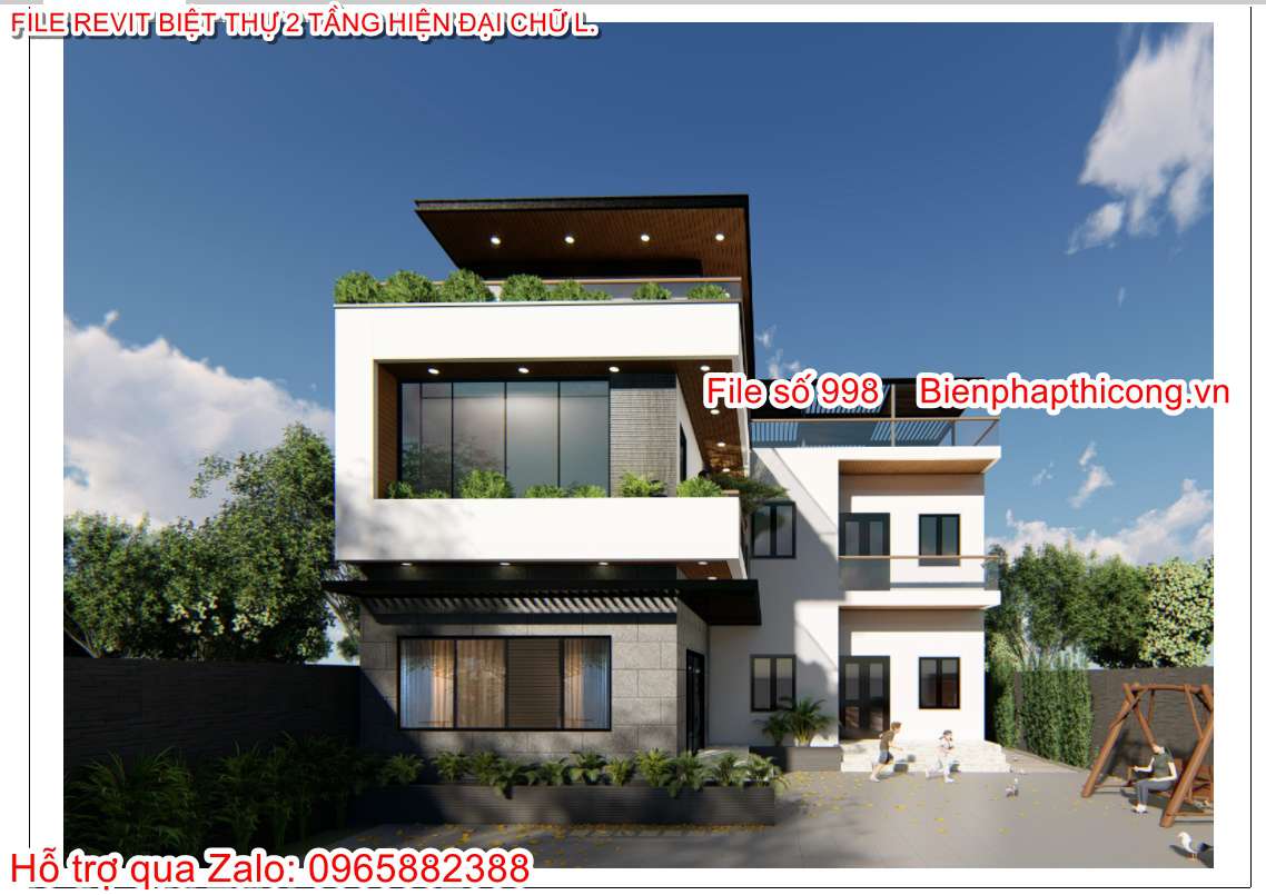 File revit biệt thự 2 tầng hiện đại chữ L.
