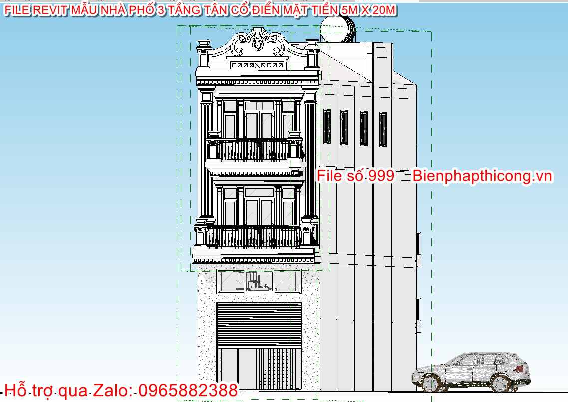 File thiết kế nhà phố 3 tầng revit 5m x 20m.