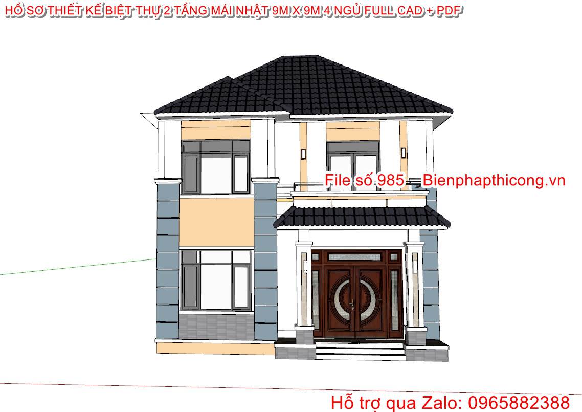 File 3D sketchup biệt thự 2 tầng mặt tiền 9m.