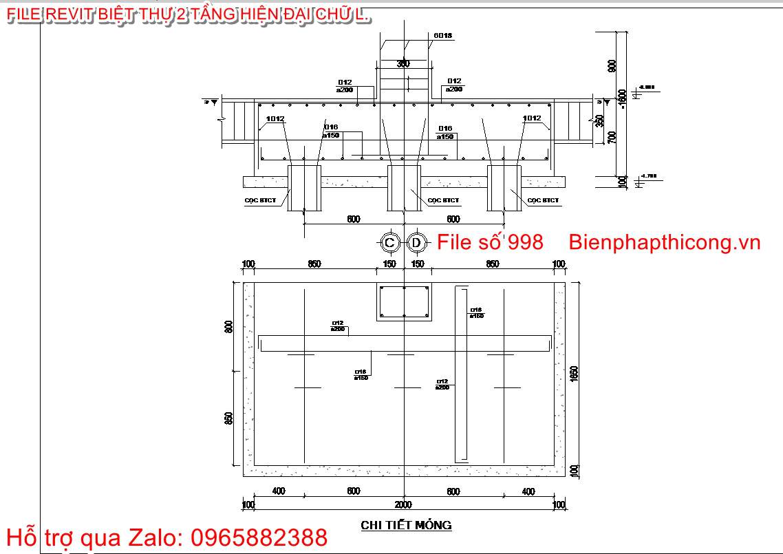 Chi tiết móng nhà phố 2 tầng revit.