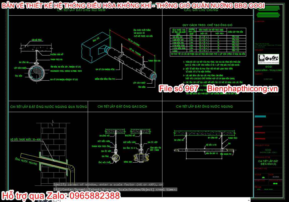 Chi tiết lắp đặt ống nước ngưng qua tường.