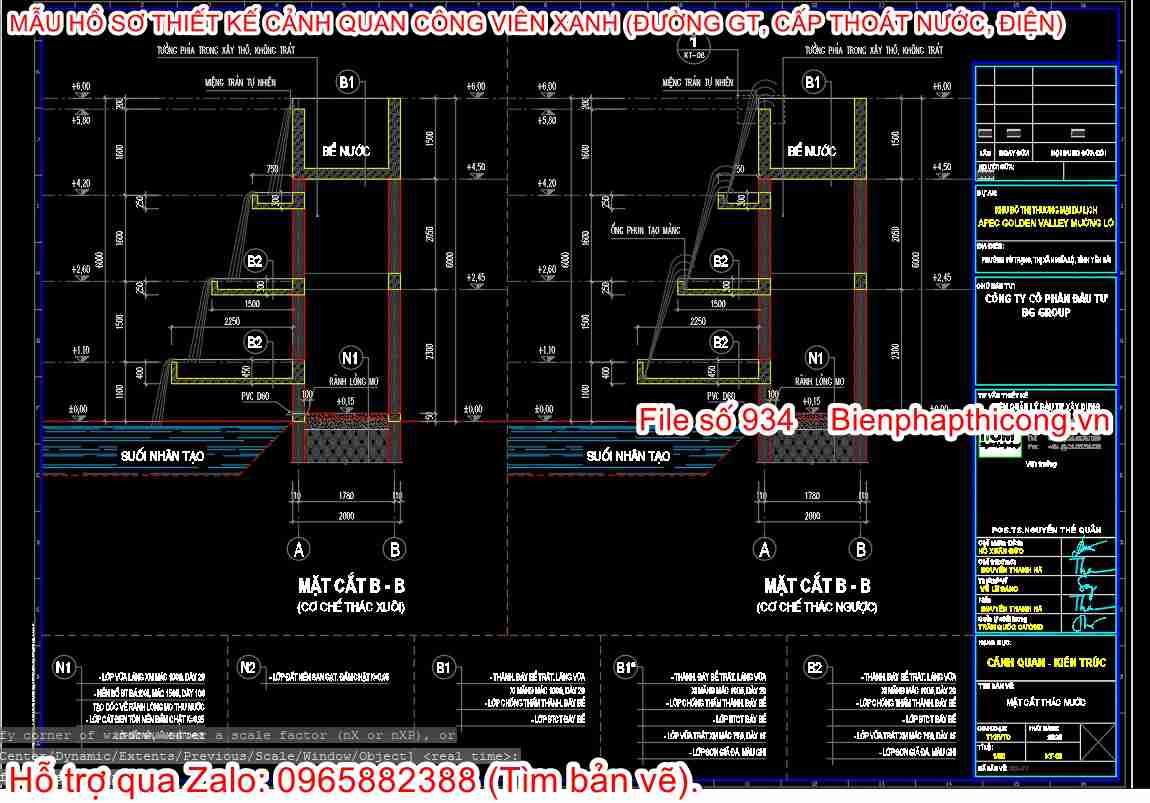 Bản vẽ mặt cắt công trình thác nước.