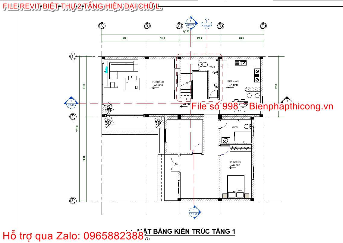 Mặt bằng tầng 1 biệt thự 2 tầng chữ L hiện đại.