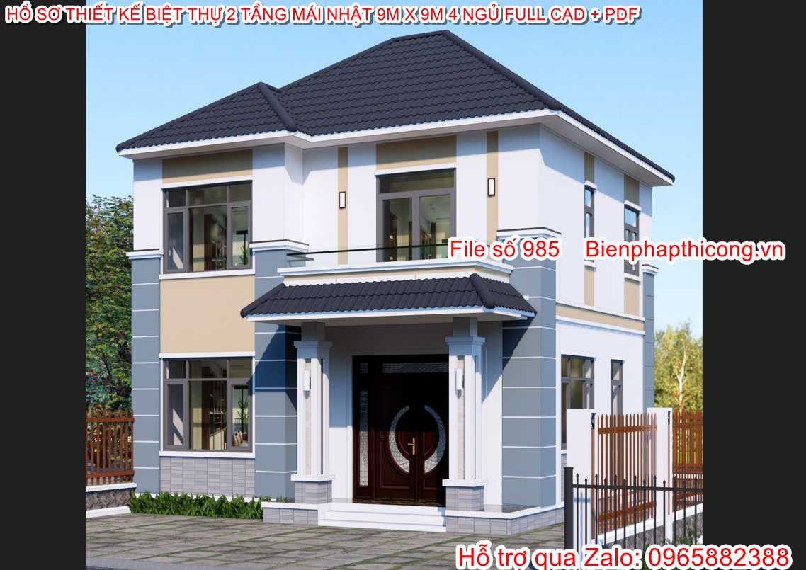Ảnh mặt tiền mẫu biệt thự 2 tầng mái nhật 9m x 9m.