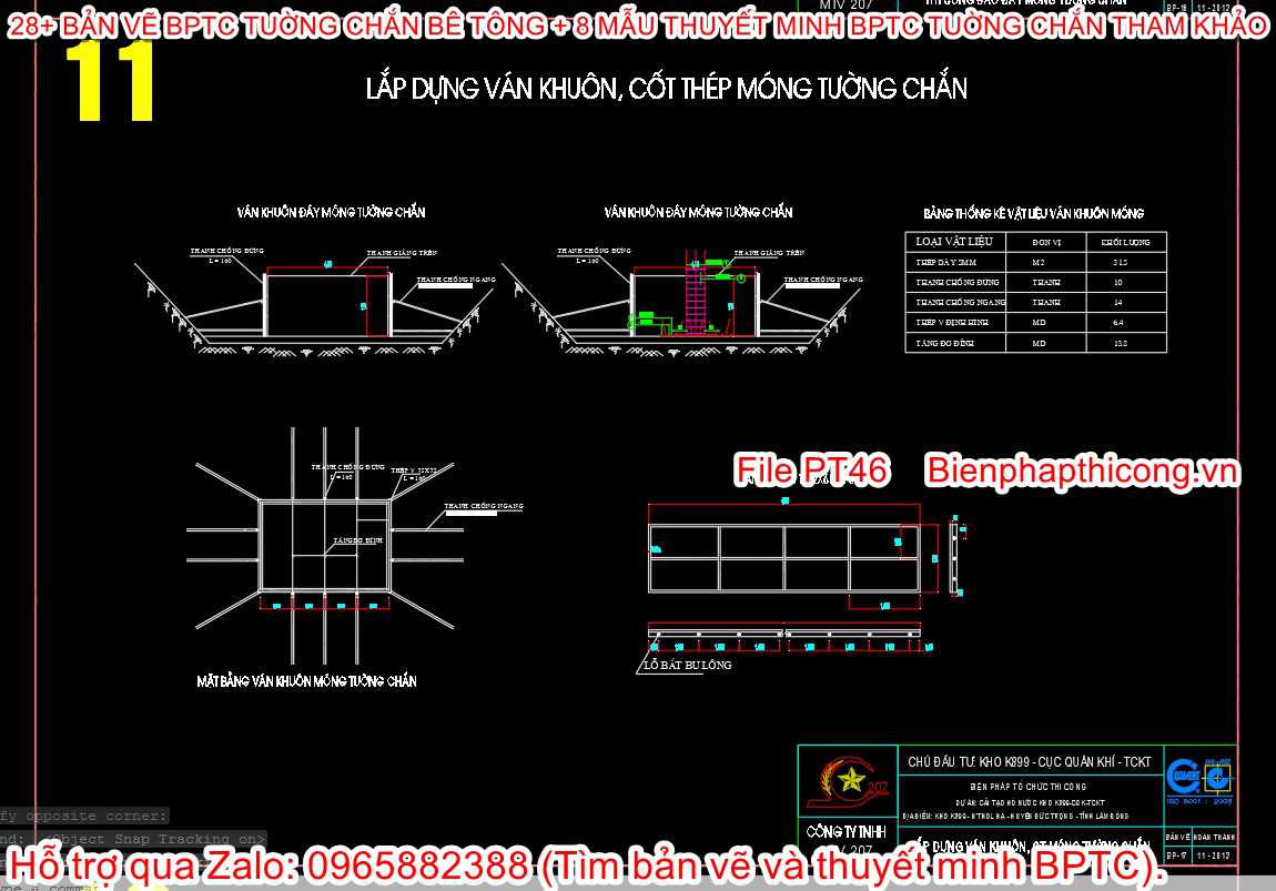 Lắp dựng ván khuôn, cốt thép móng tường chắn.
