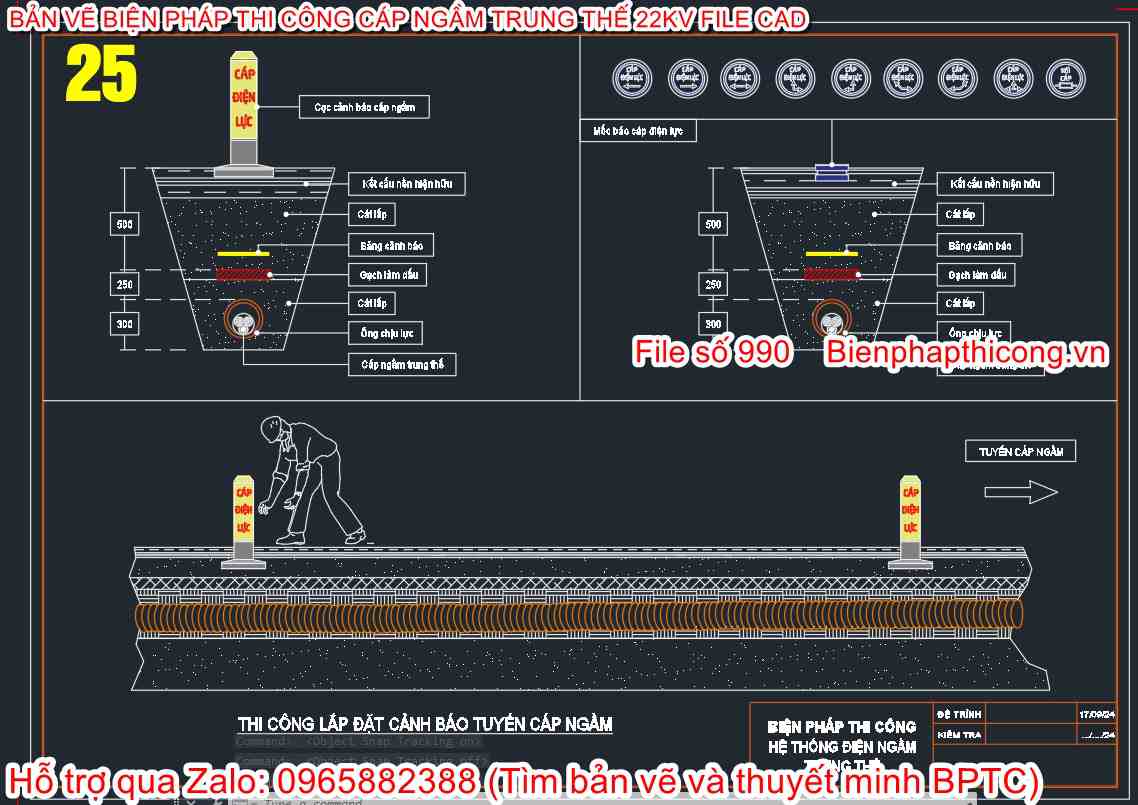 Thi công lắp đặt cảnh báo tuyến cáp ngầm.