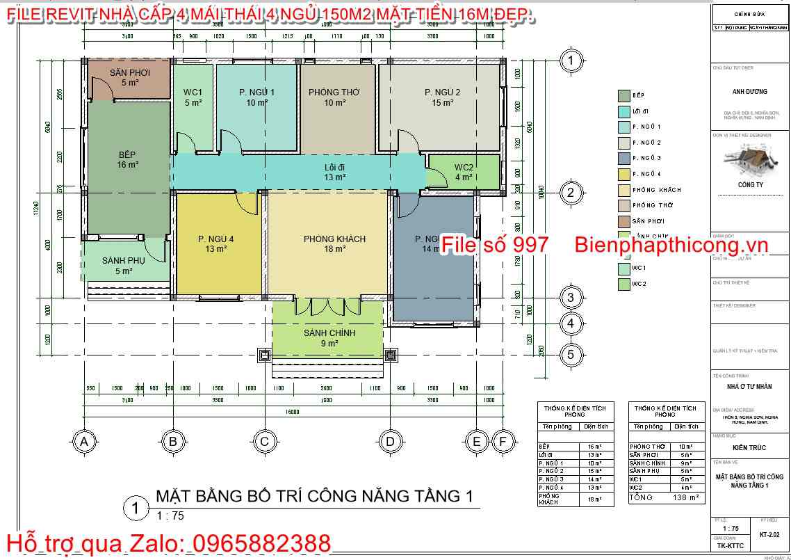 Bản vẽ mặt bằng mẫu nhà cấp 4 4 ngủ 150m2 file revit.